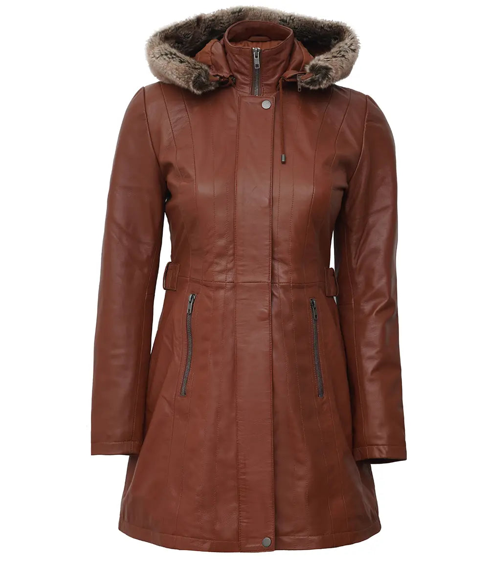 Women's Brown Jean Sheepskin Coat with Removable Hood