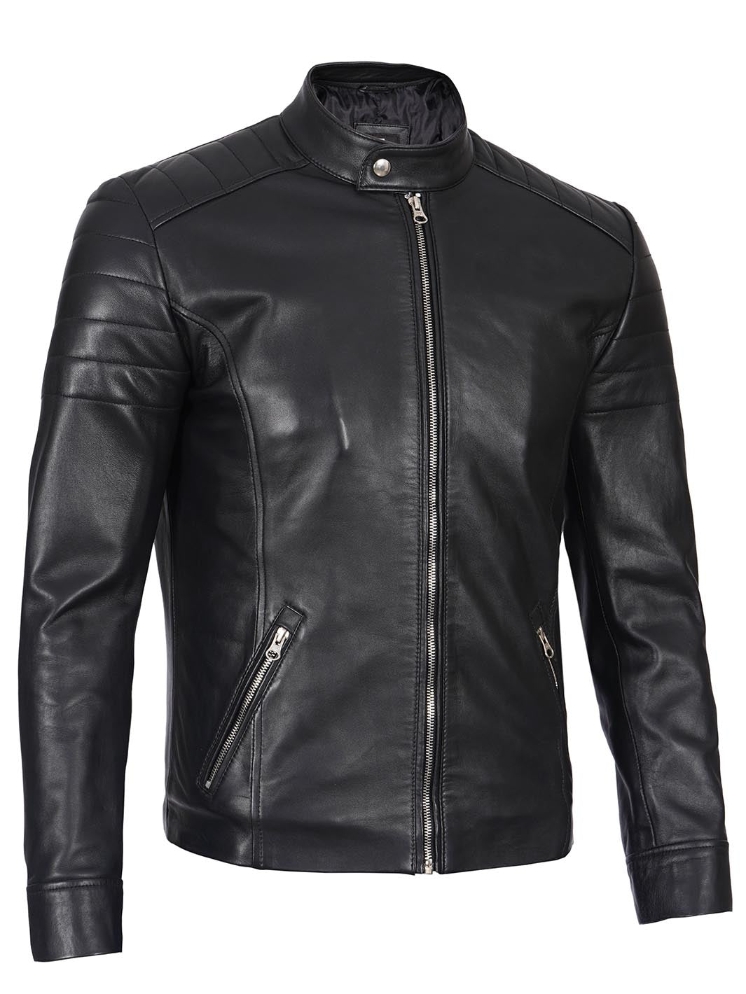 Blouson en cuir noir Cafe Racer pour homme