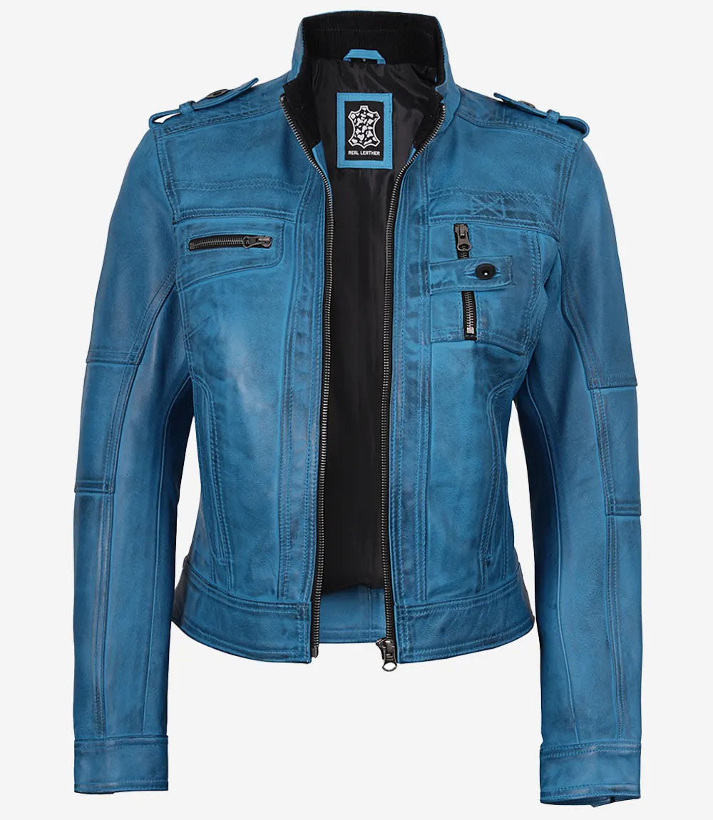 Veste en cuir bleu pour femme