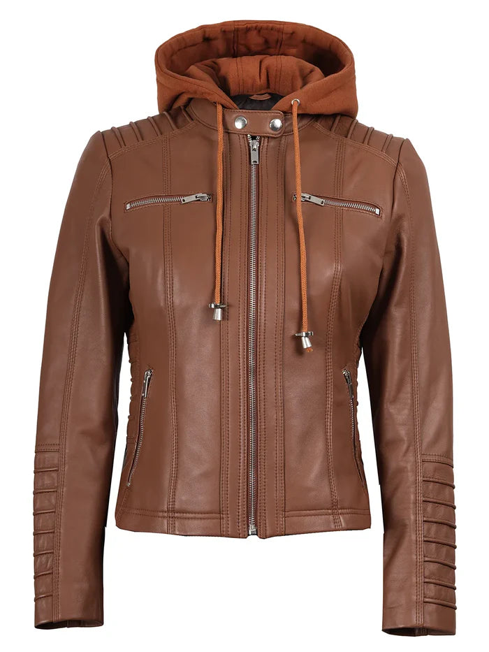 Veste en cuir à capuche marron cognac