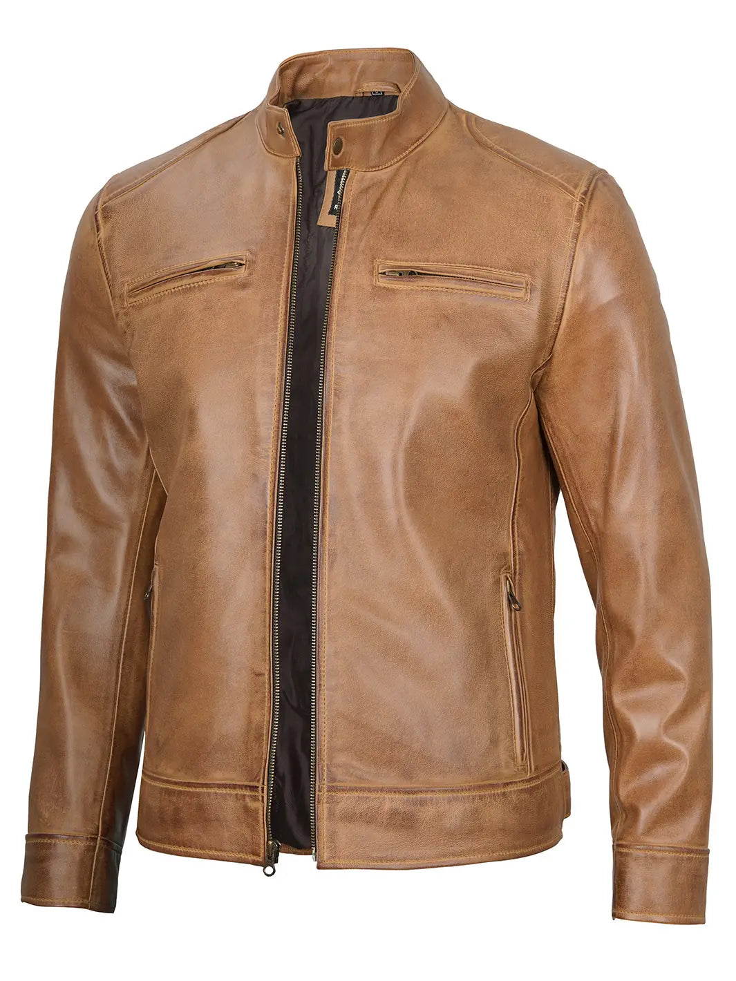 Veste en cuir véritable marron camel