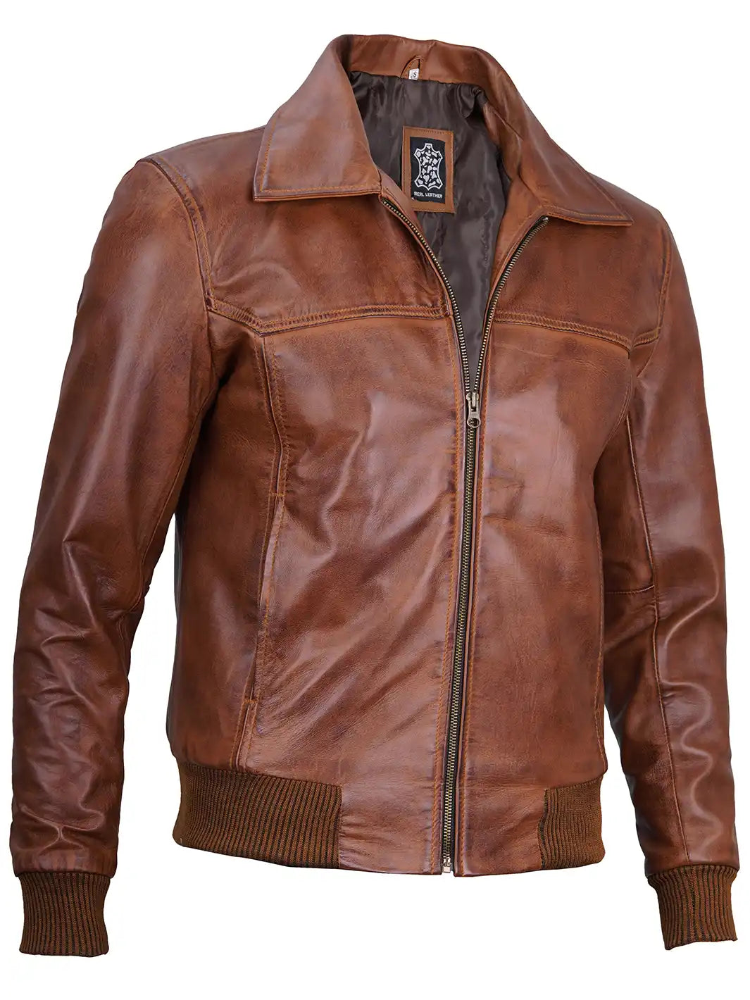 Veste en cuir véritable homme cognac