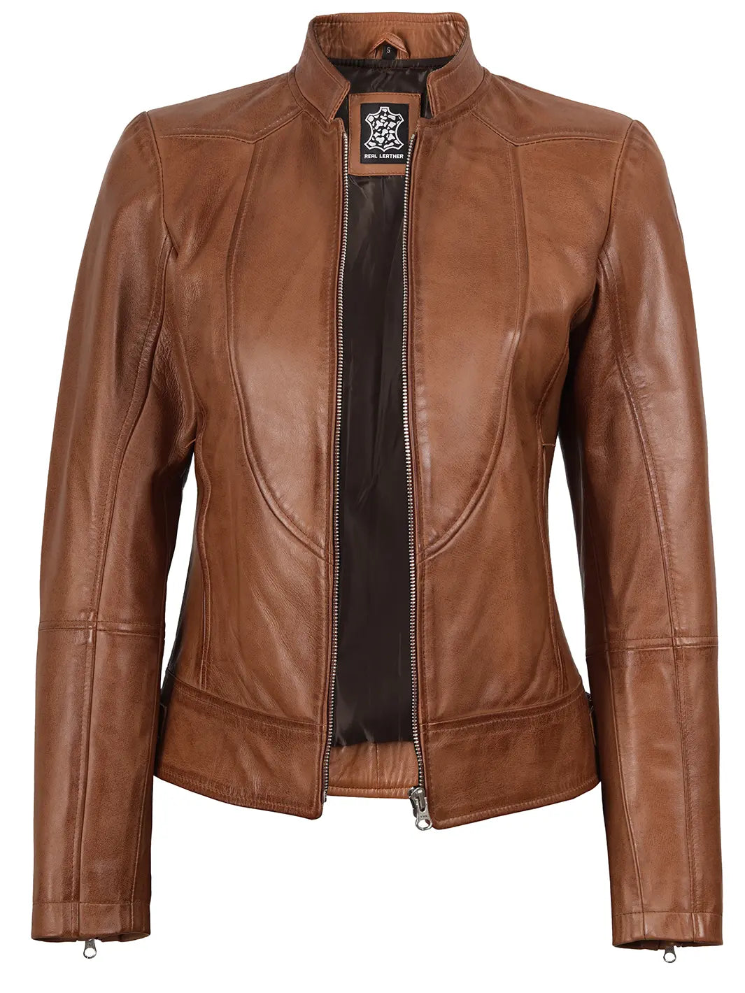Femme Marron Tan Veste Moto en Cuir