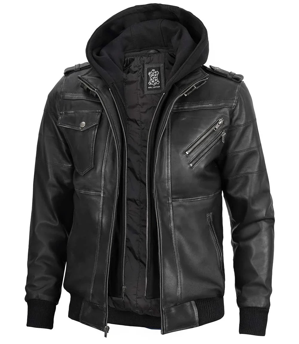 Blouson aviateur en cuir gris pour homme avec capuche amovible
