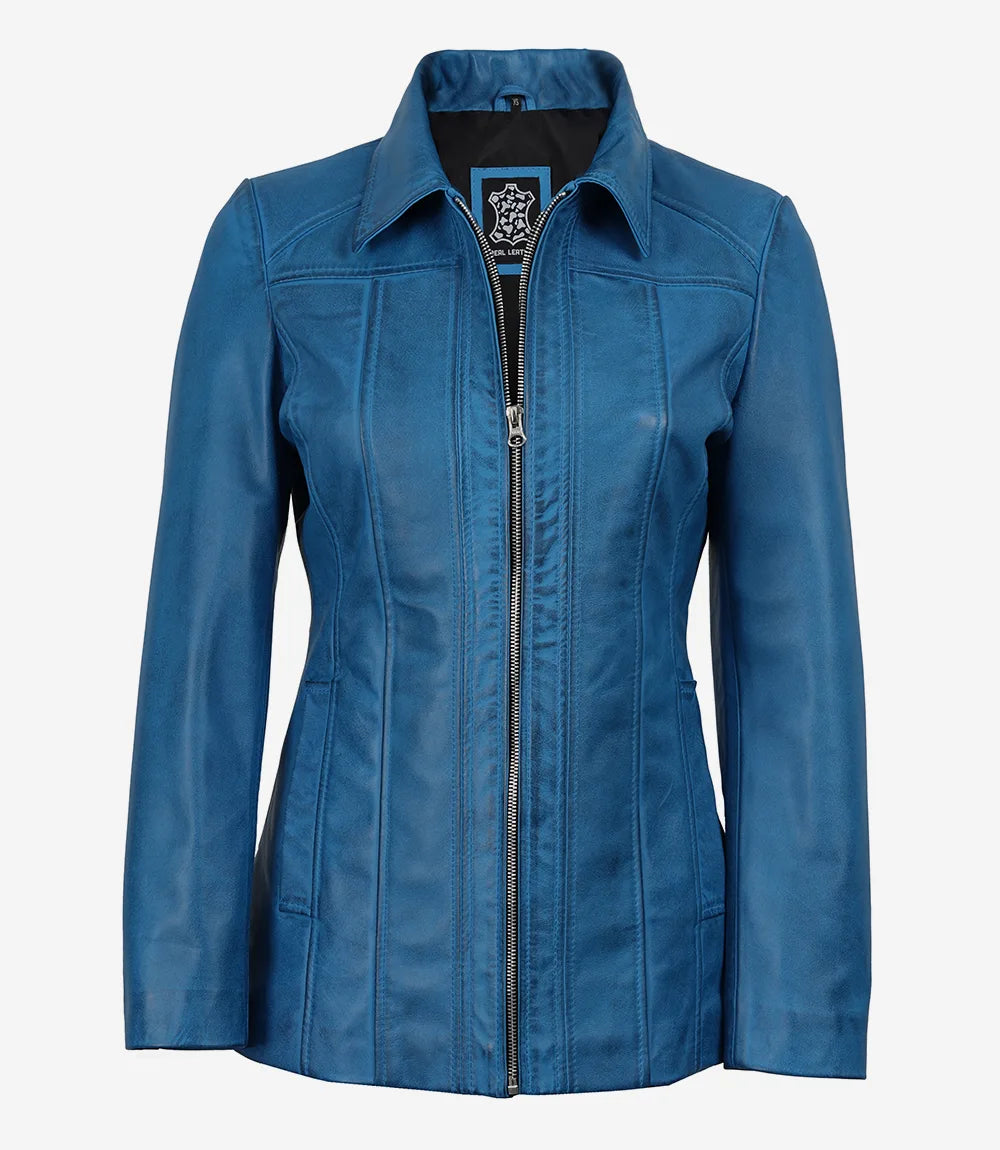 Manteau De Voiture en Cuir D'agneau Bleu