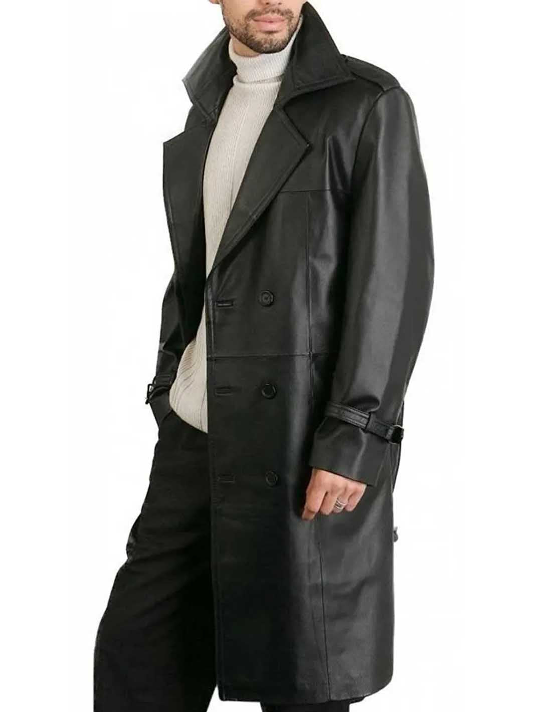 Trench-coat en cuir noir à double boutonnage et ceinture pour homme