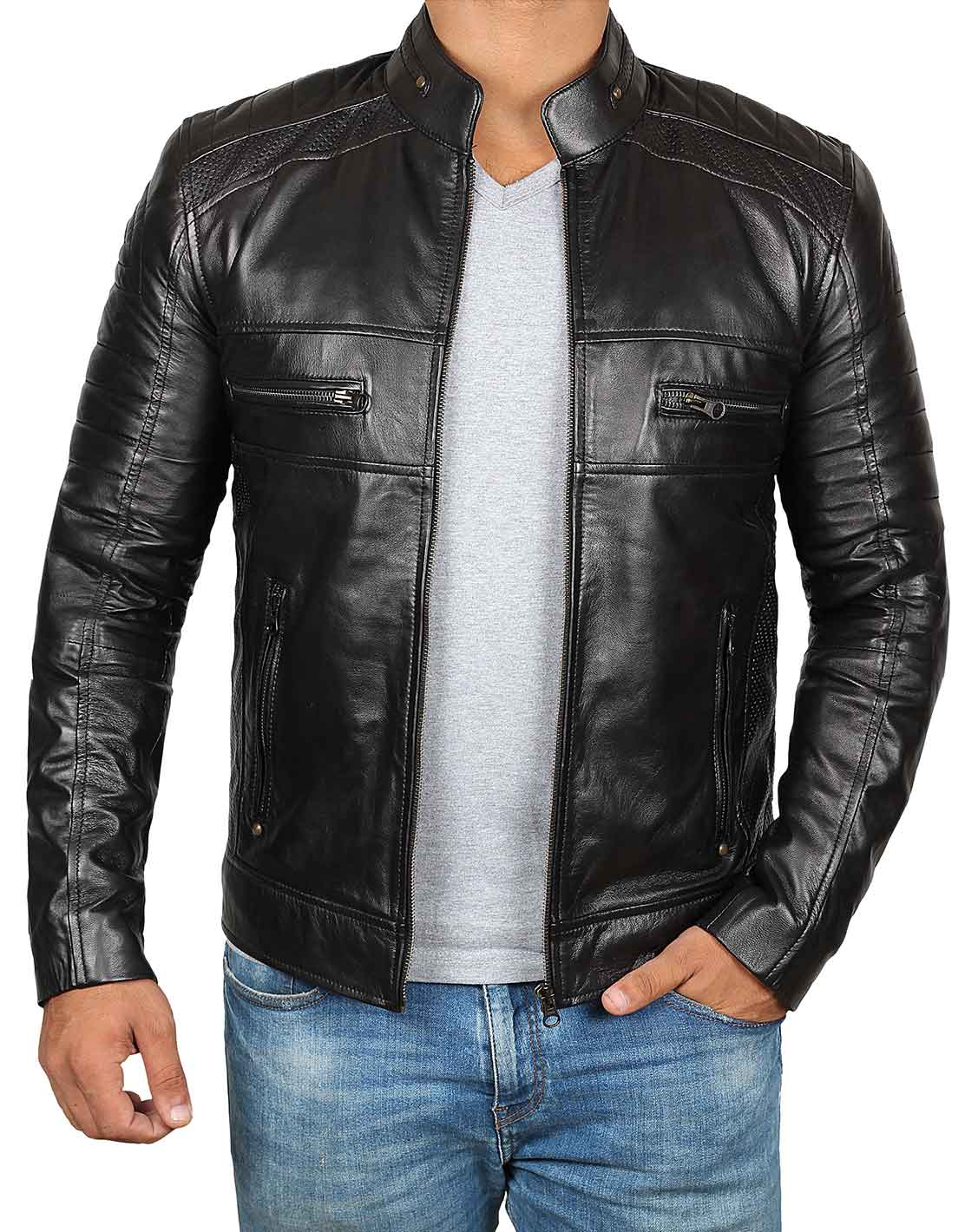 Veste en cuir noire Cafe Racer pour homme
