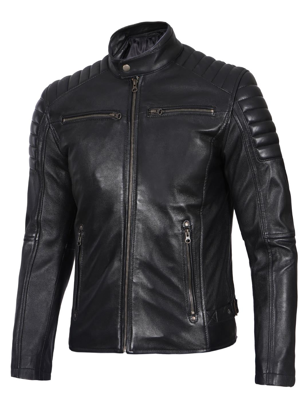 Veste en cuir d'agneau noir pour homme