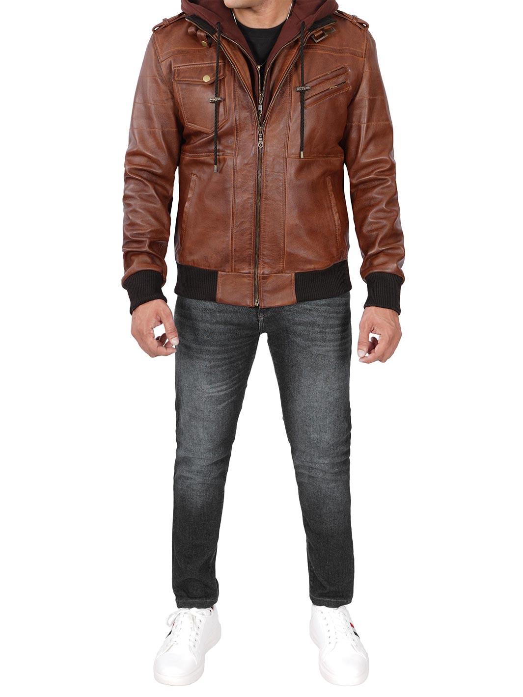 Veste en cuir marron pour homme avec capuche