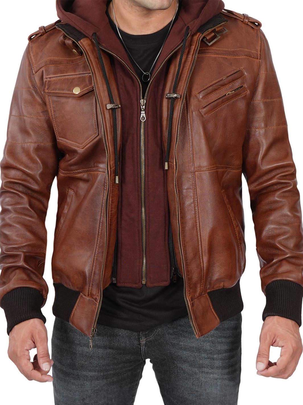 Veste en cuir d'agneau véritable cognac pour homme
