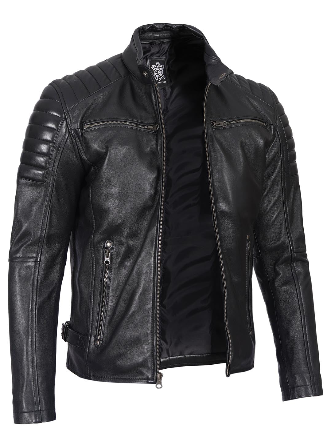 Veste en cuir véritable noir pour homme