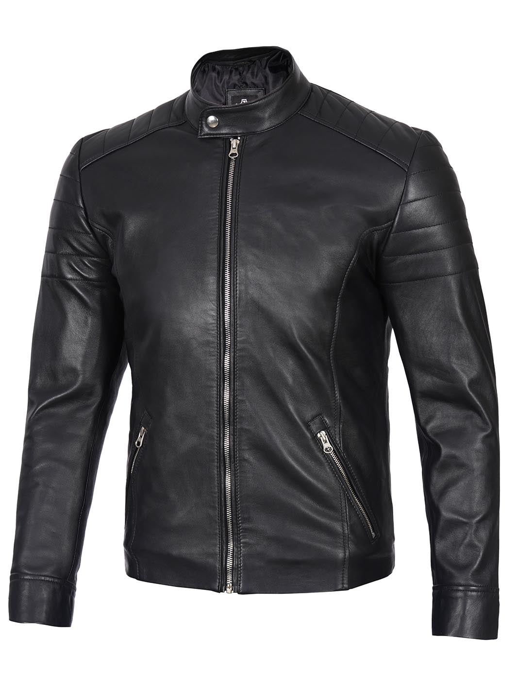 Veste en cuir noire Cafe Racer pour homme
