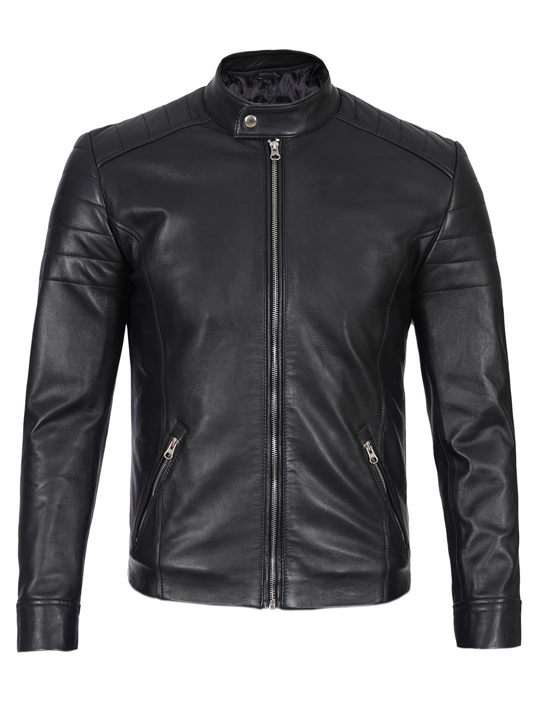 Veste en cuir véritable Cafe Racer noire pour homme