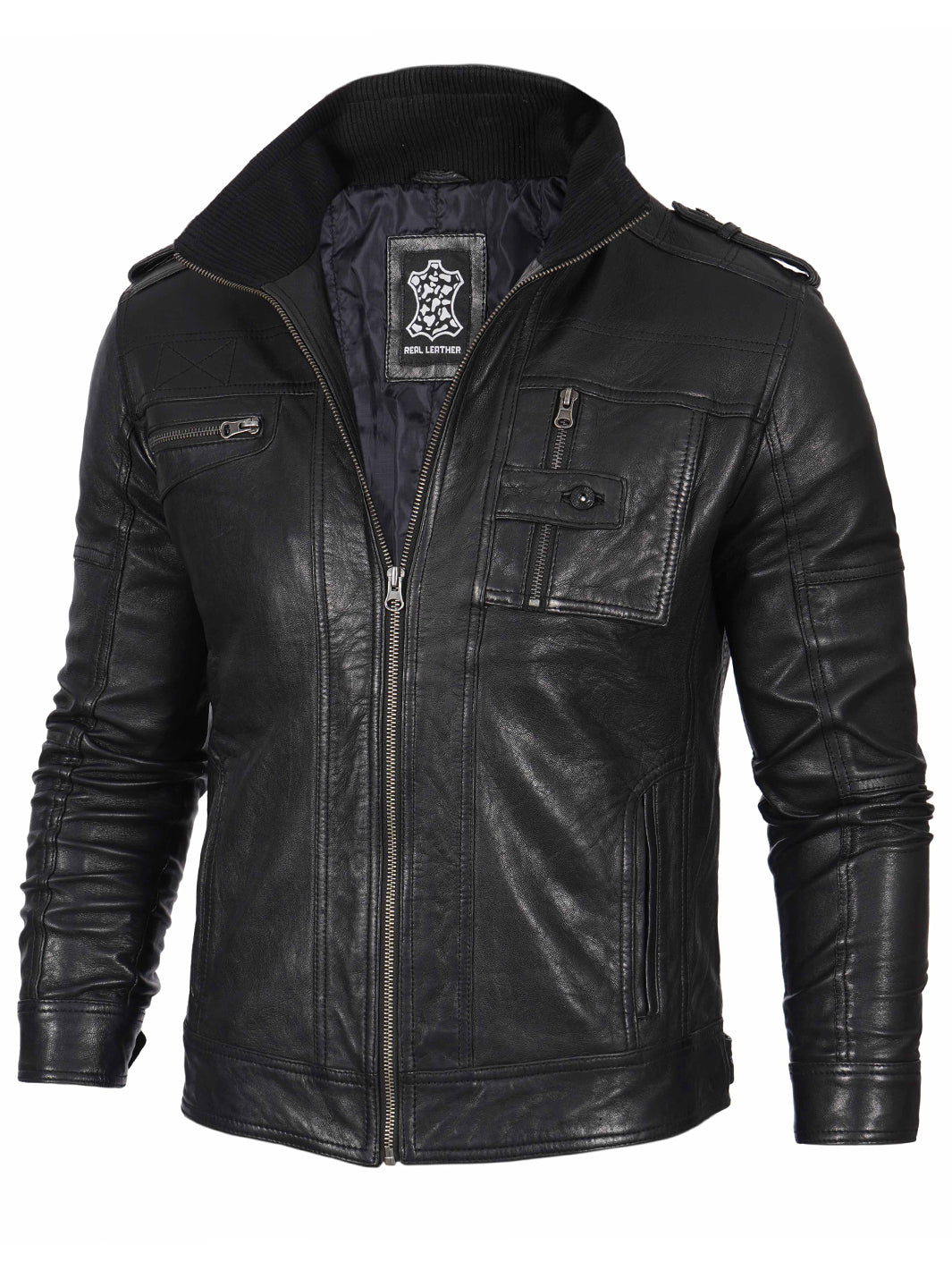 Veste en cuir noire Cafe Racer pour homme
