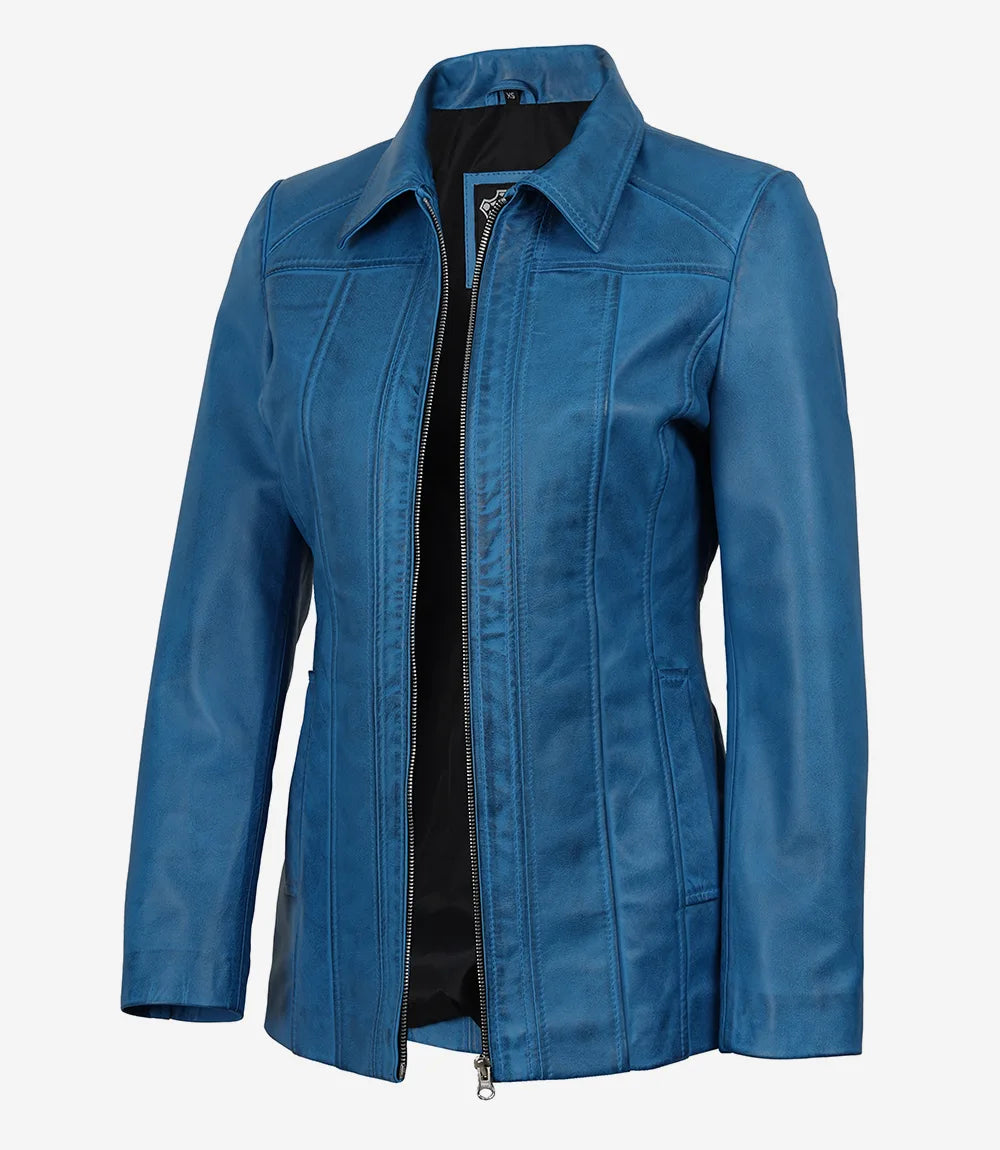 Manteau De Voiture en Cuir D'agneau Bleu