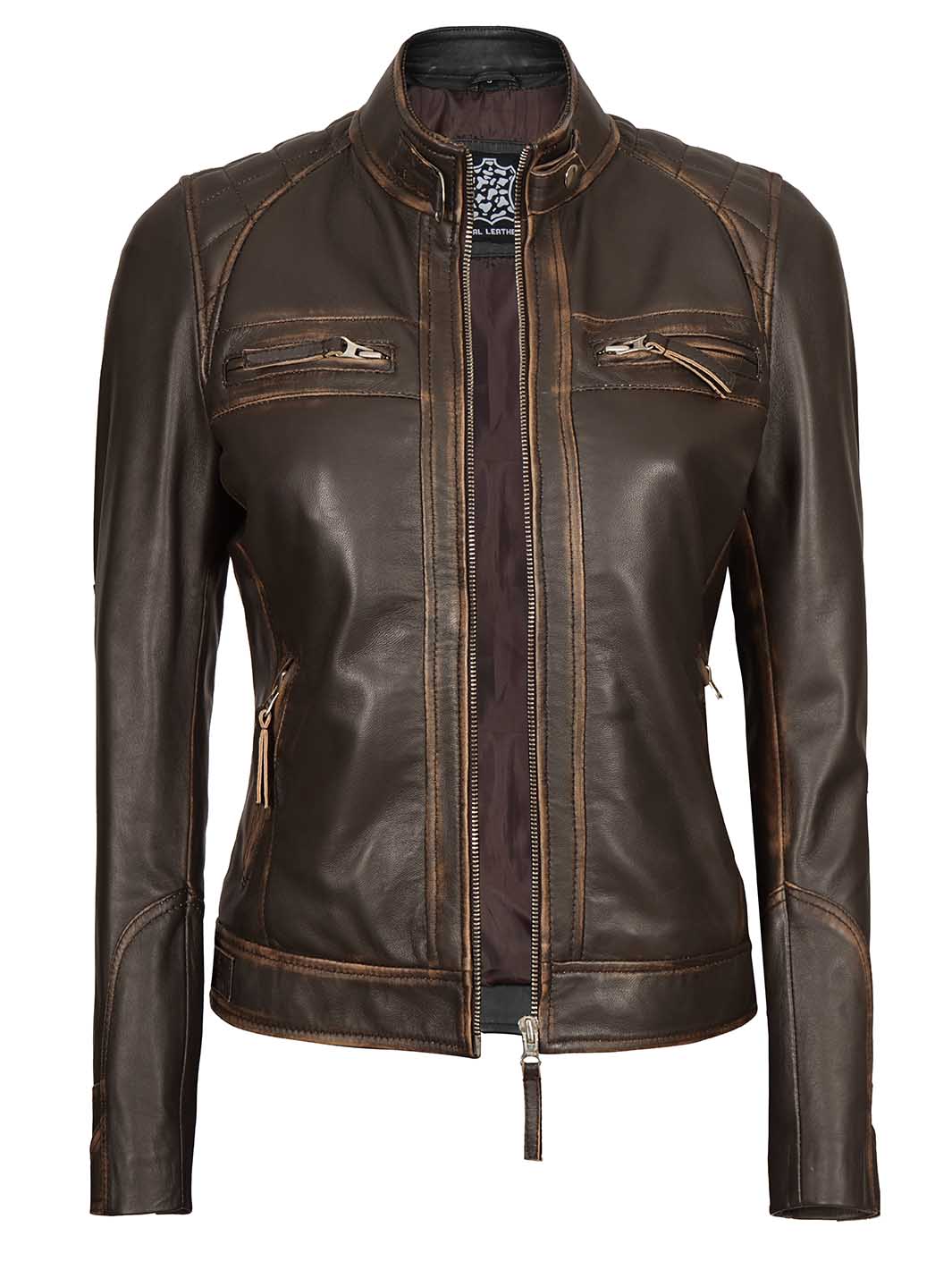 Diamond Women Rub Off Veste en cuir marron