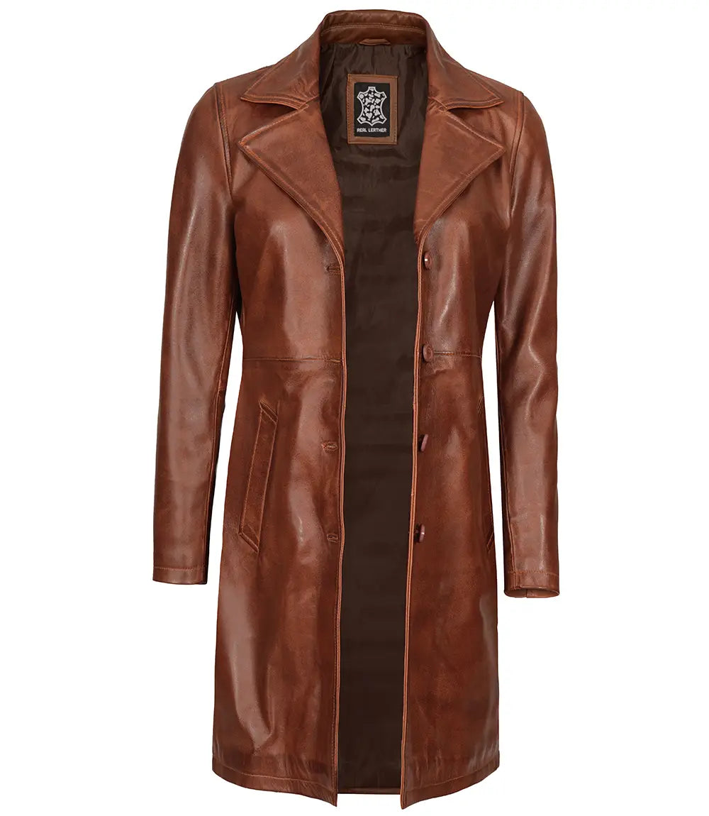 Manteau en cuir véritable cognac pour femme