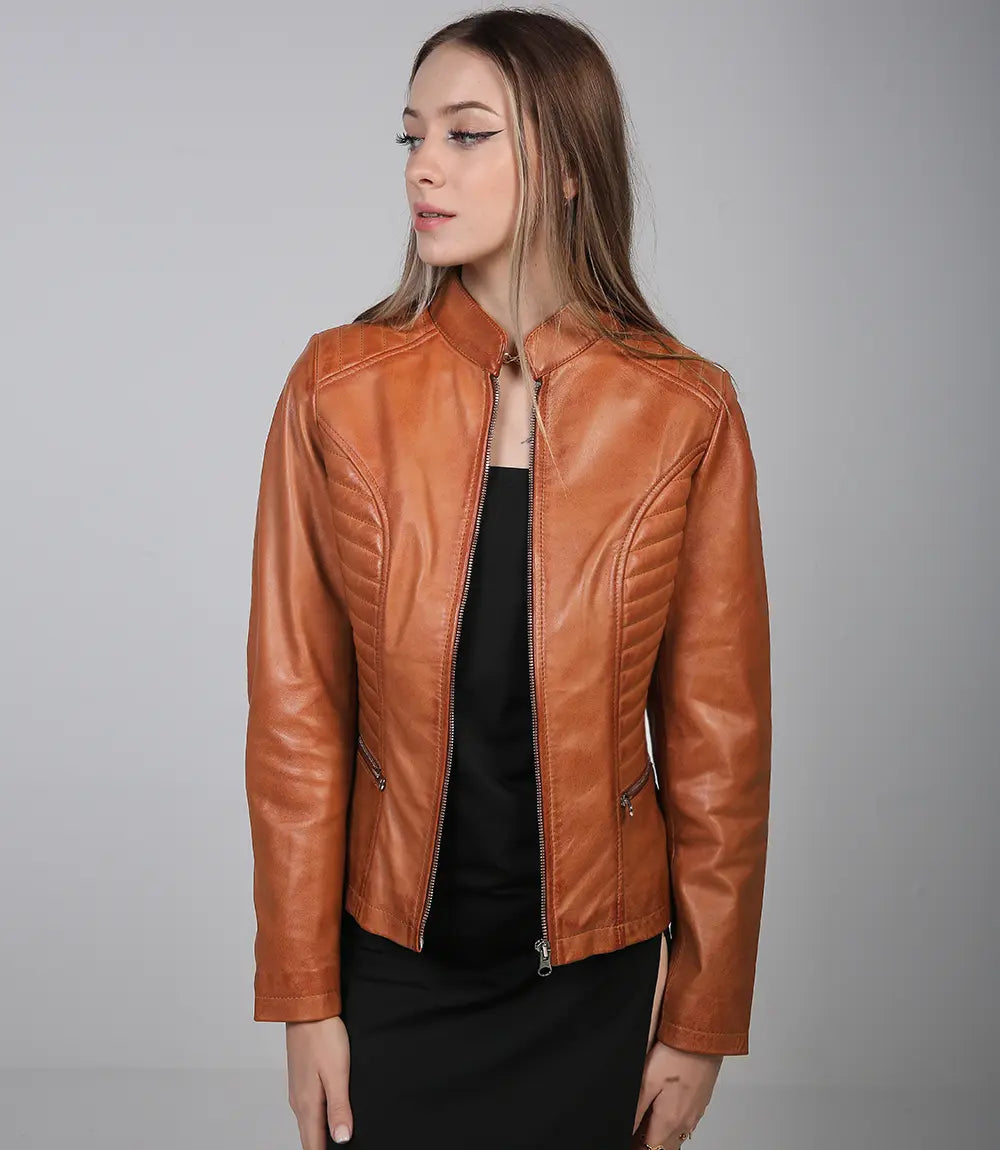 Veste en cuir marron café racer élégante pour femme