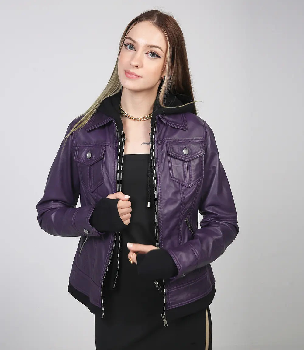 Bomber femme violet tendance en cuir à capuche
