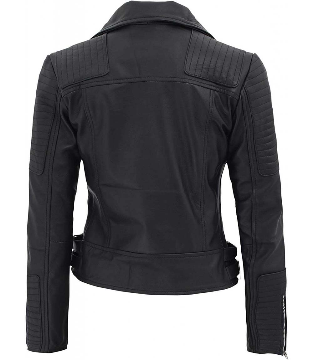 Blouson Asymétrique Noir Biker en cuir d'agneau véritable Femme