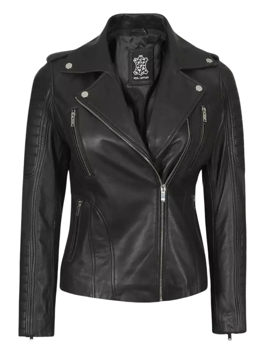 Veste motard en cuir noir avec capuche amovible pour femme