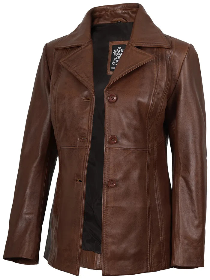 Women's Cognac Brown Leather Blazer