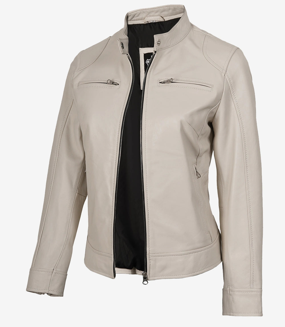 Veste en cuir blanc cassé pour femme