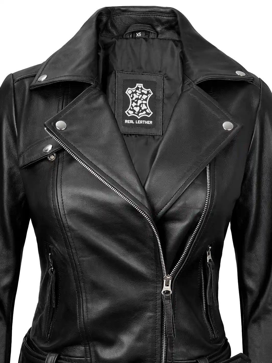 Angela Womens Veste en cuir asymétrique avec ceinture noire