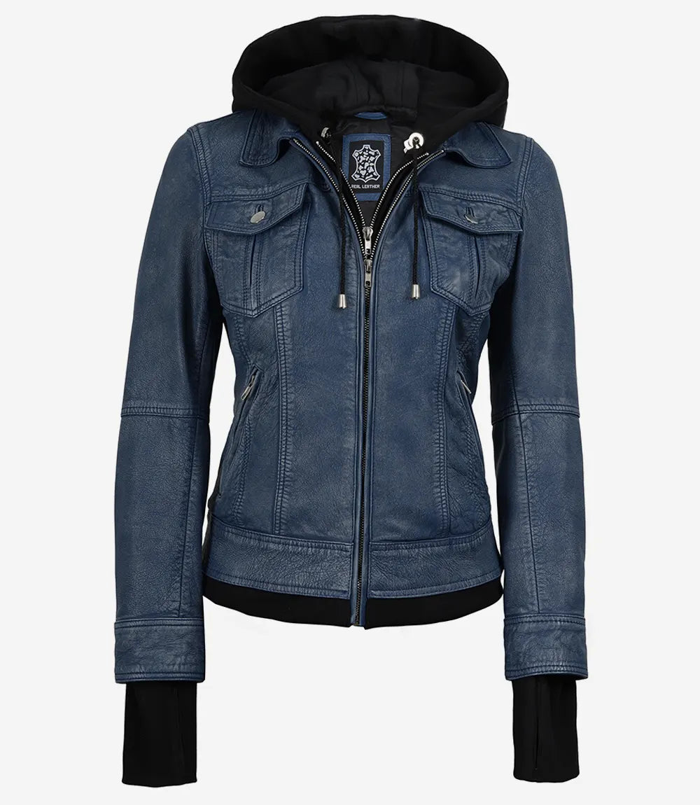 Femmes Bleu Denim Style Lavé Cuir Veste
