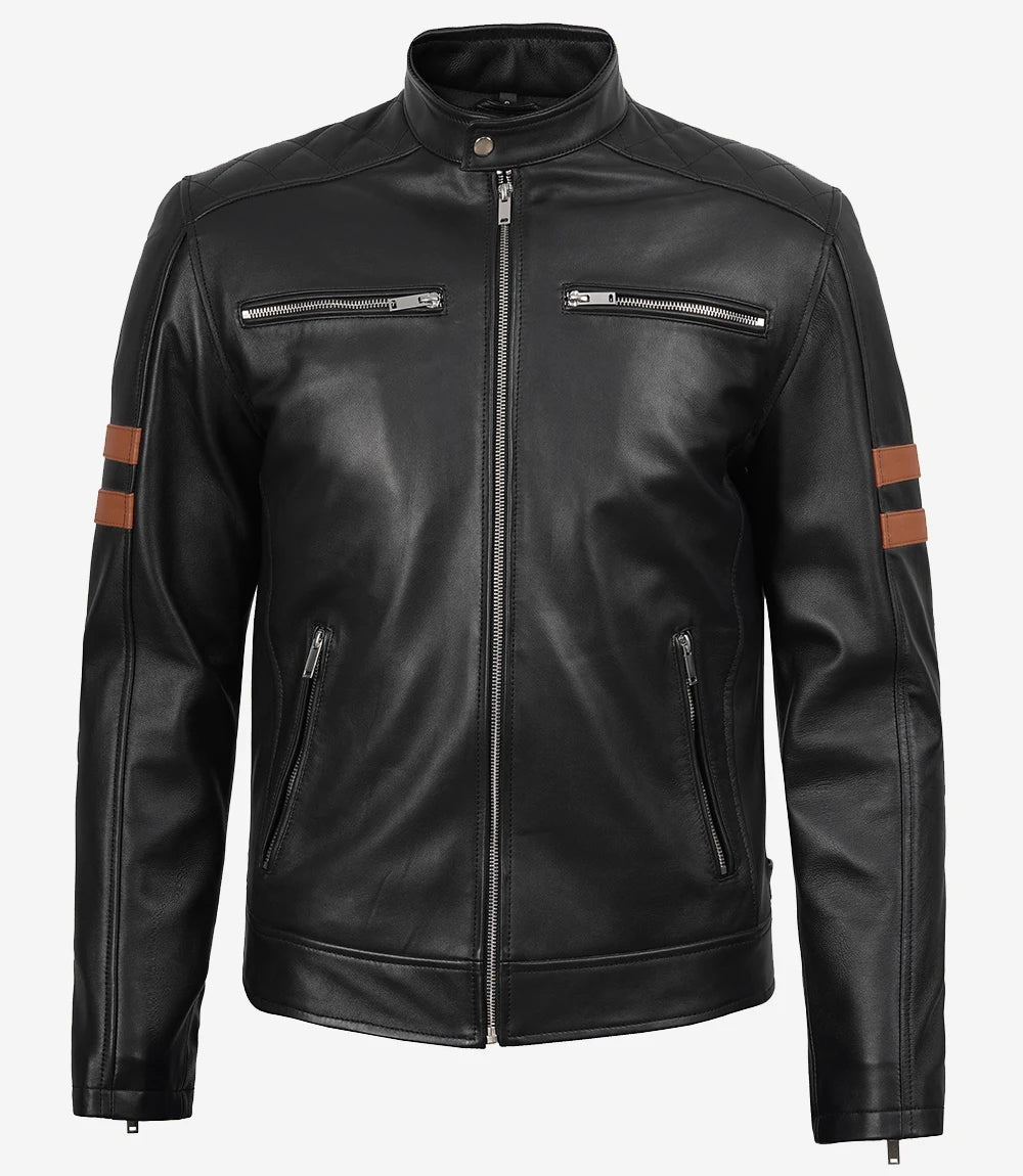 Veste en cuir noir Cafe Racer pour homme