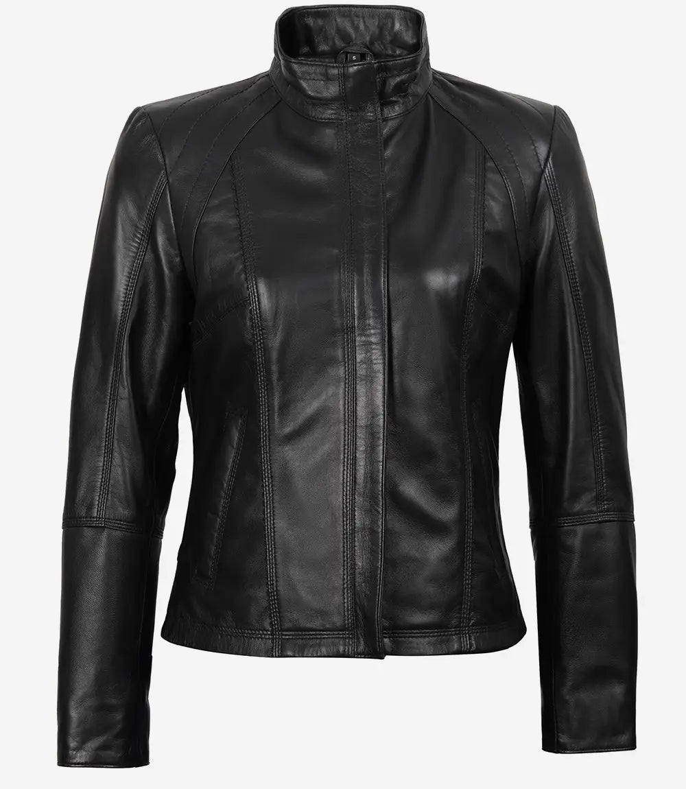 Women's Black Leather Cafe Racer Style Motorcycle Jacket