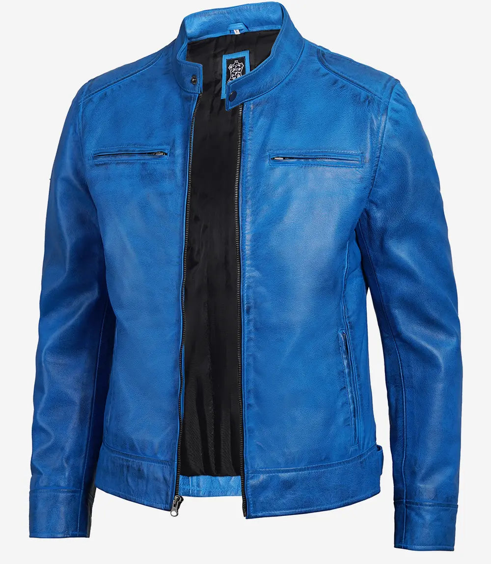 veste motard en cuir bleu café racer