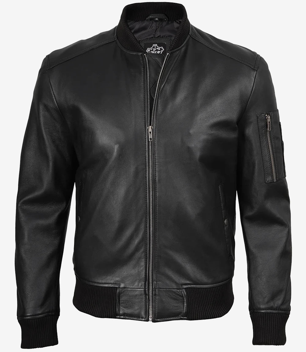 Blouson aviateur en cuir noir pour homme
