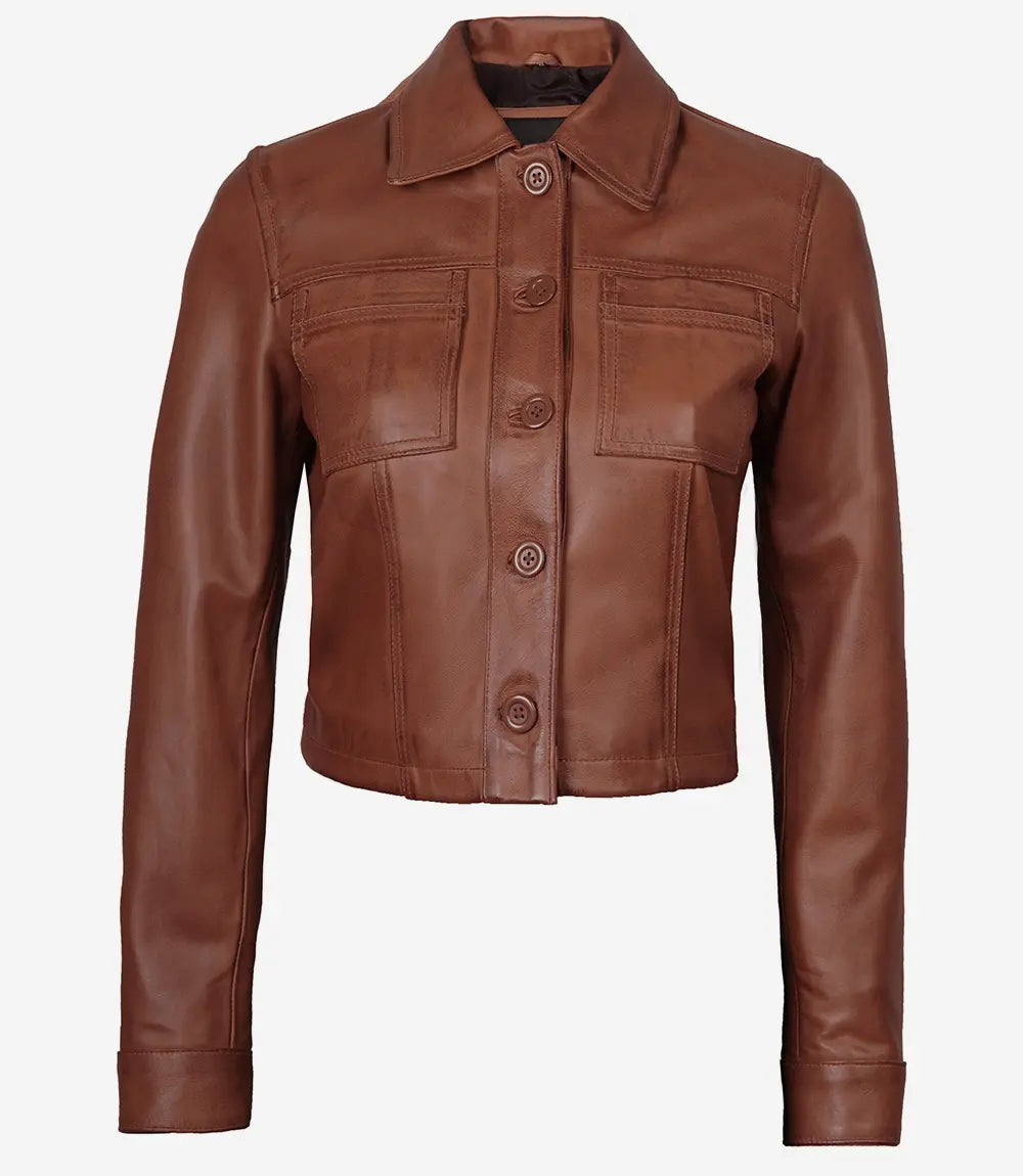 Johnson Women's Cognac Cafe Racer Quilted Leather Jacket