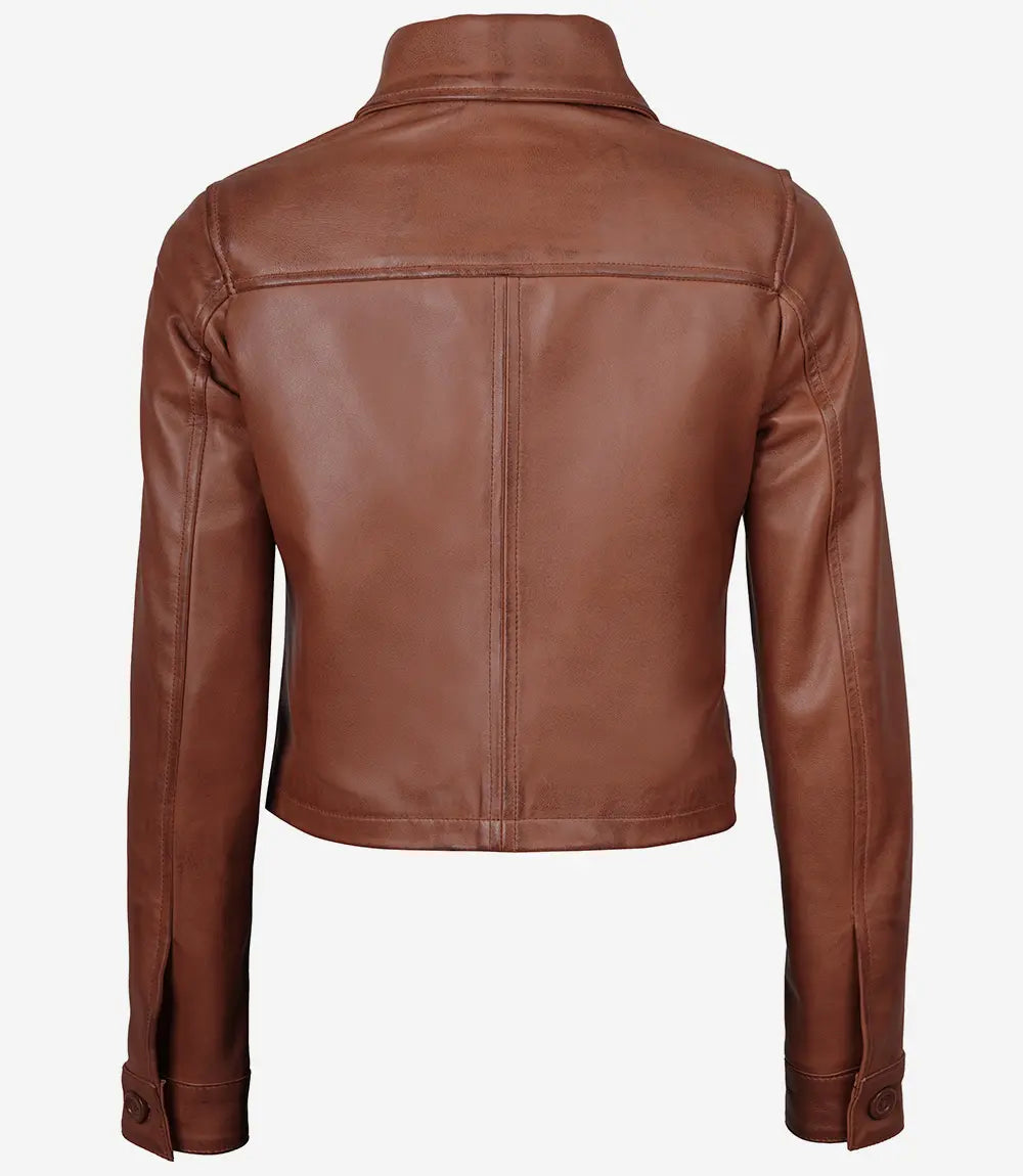 Johnson Women's Cognac Cafe Racer Quilted Leather Jacket