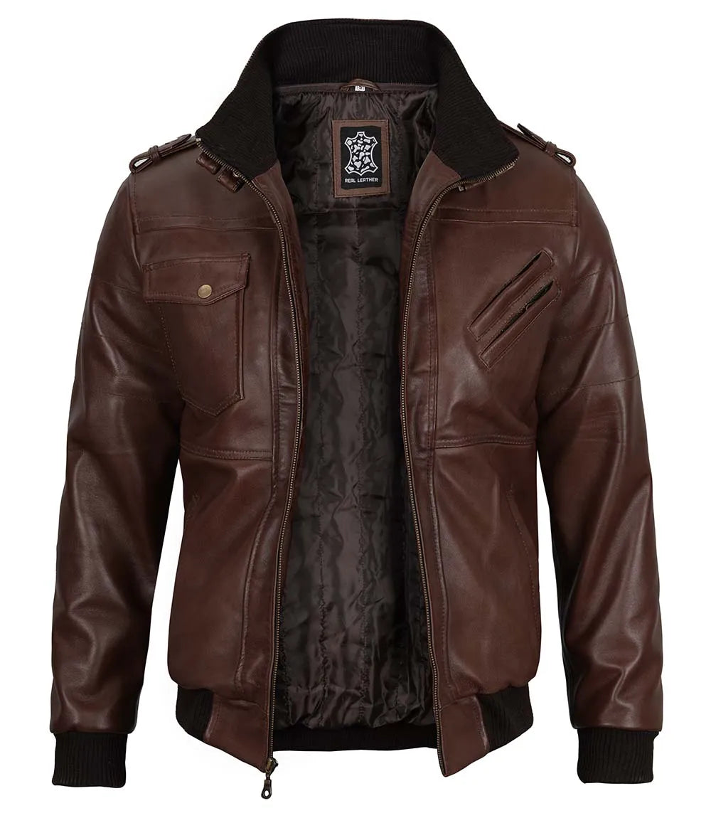 Veste en cuir marron foncé style capuche