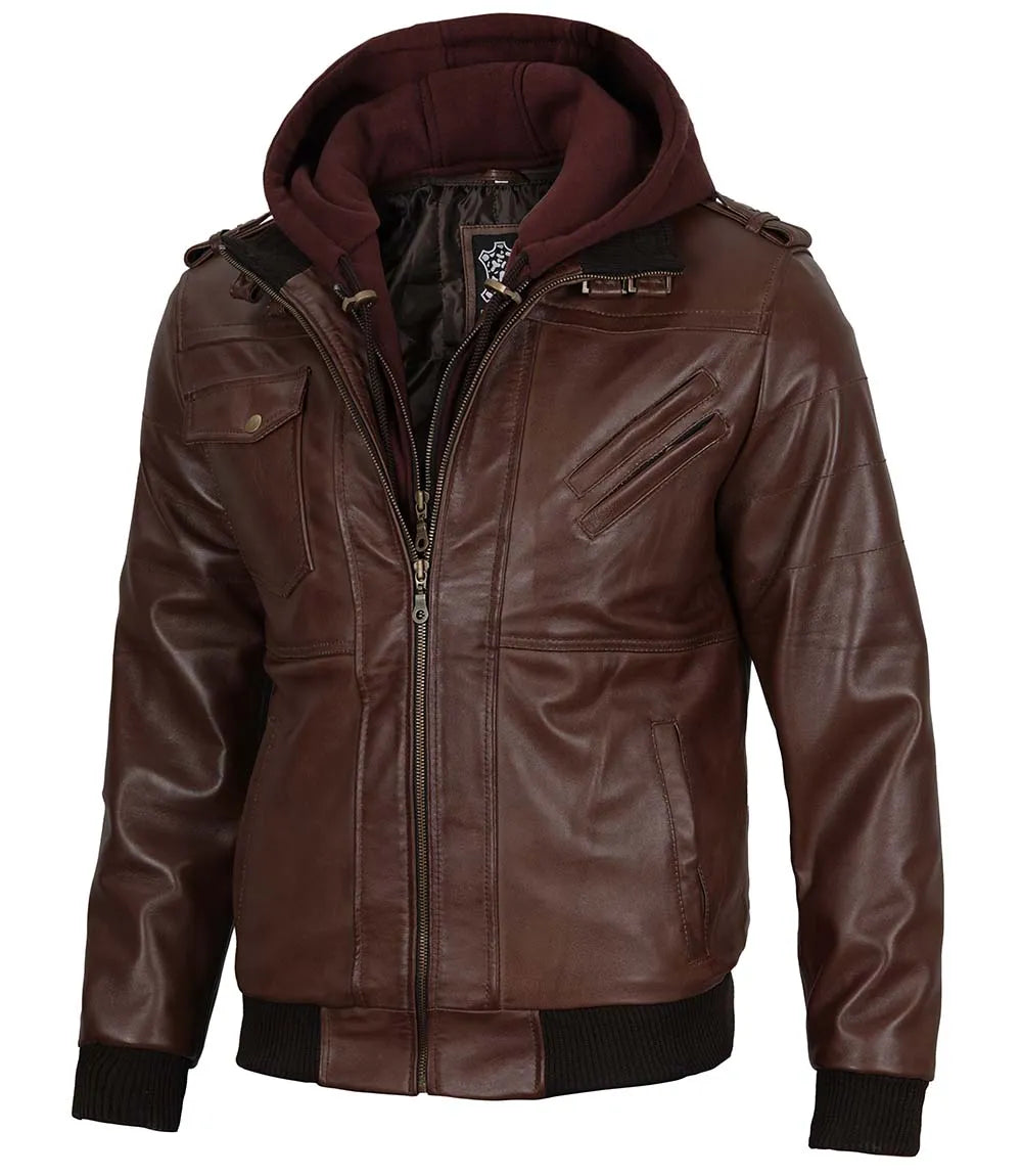 Veste en cuir marron foncé avec capuche