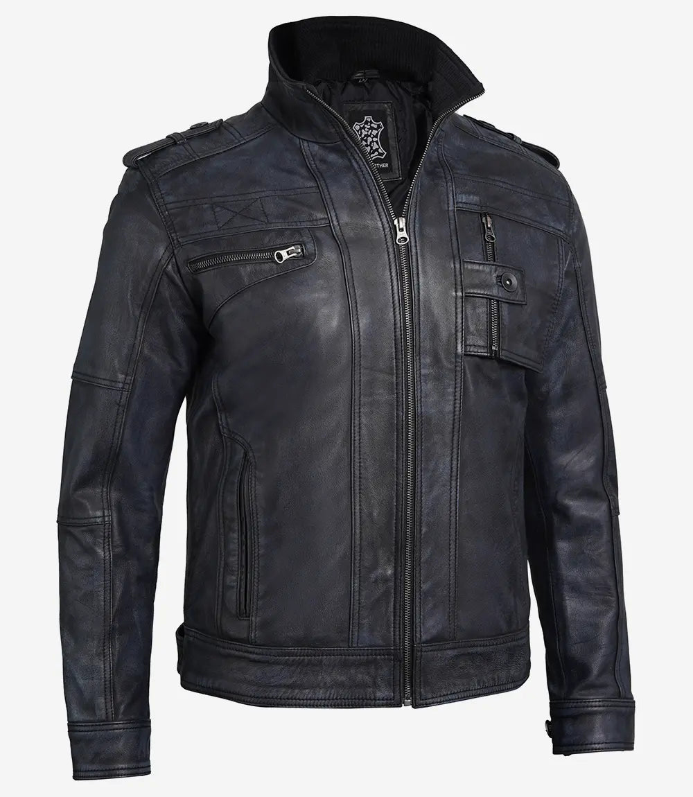 veste en cuir noir pour homme en détresse