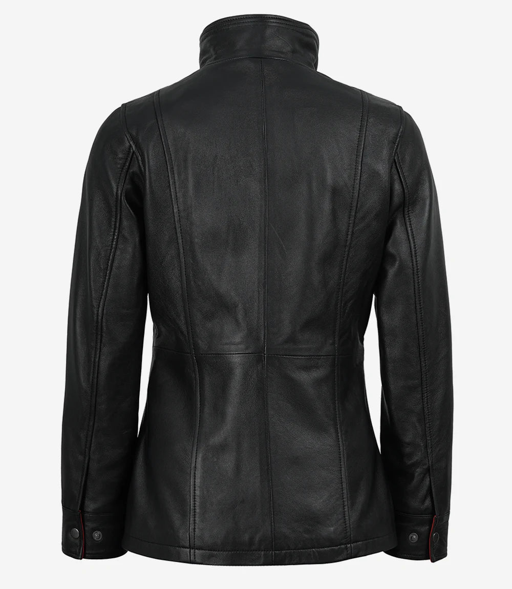 Femmes Cuir Veste avec Rouge Intérieur Revers