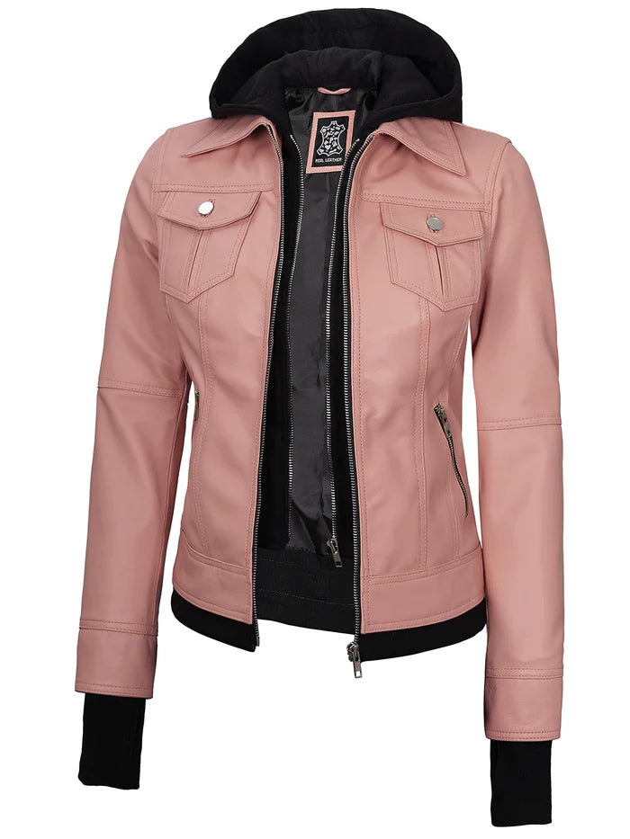 veste en cuir rose à capuche pour femme