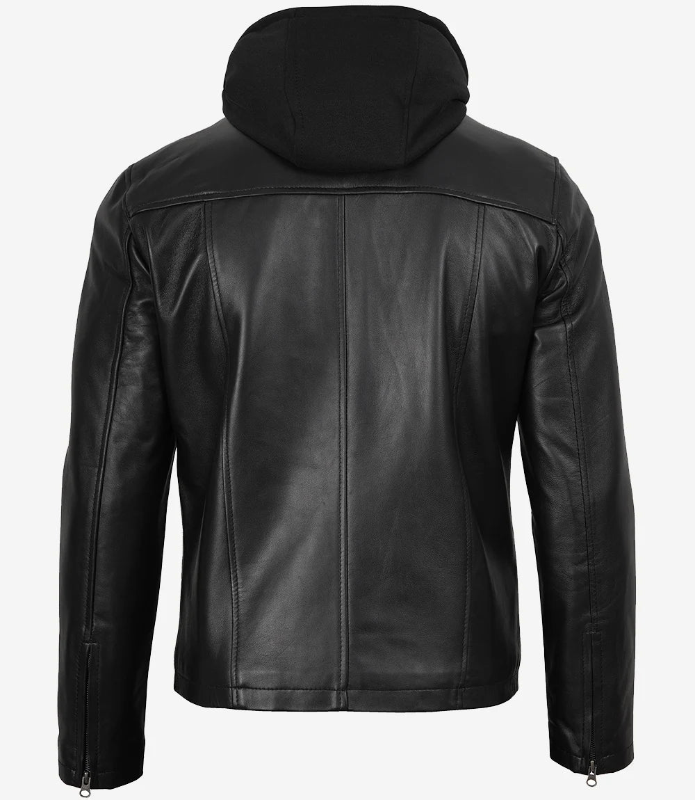 veste en cuir noir pour homme avec capuche
