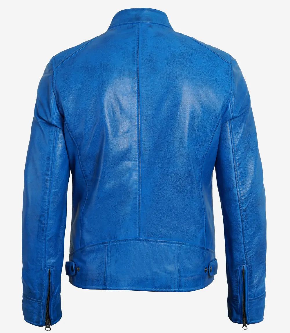 veste en cuir bleu café racer homme