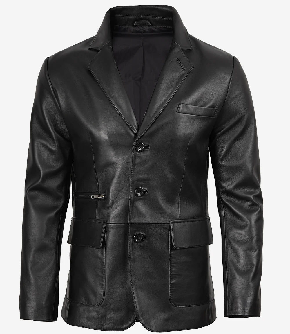Blazer en cuir noir à trois boutons pour homme