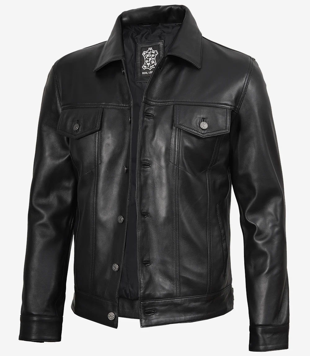 Veste de camionneur en cuir noir homme