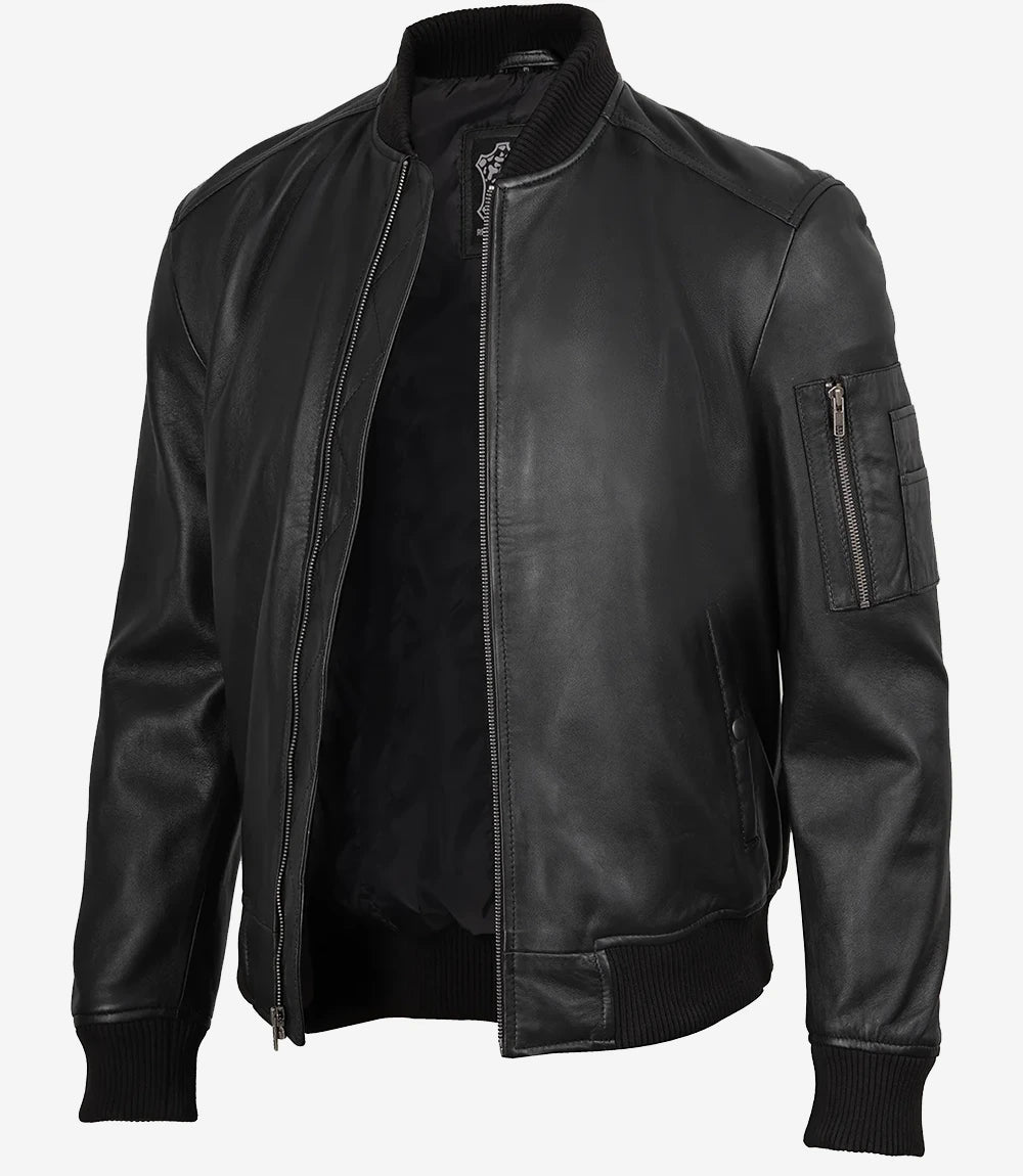 Blouson aviateur en cuir véritable noir pour homme