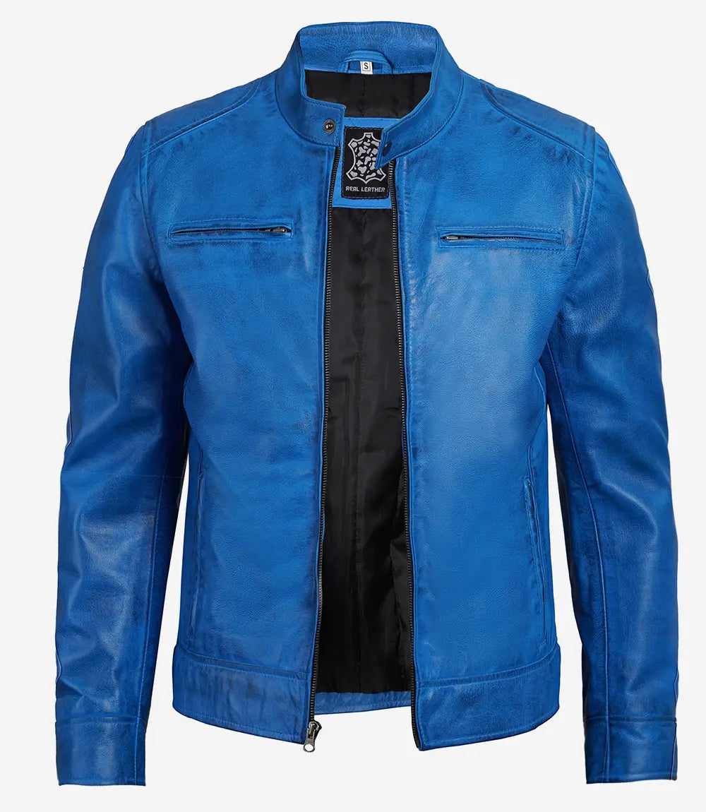 veste en cuir café racer bleu homme