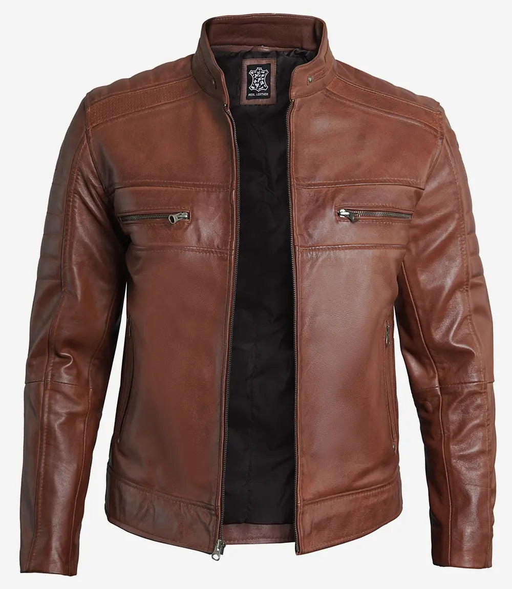 Austin Men's Cognac Cafe Racer Leather Jacket