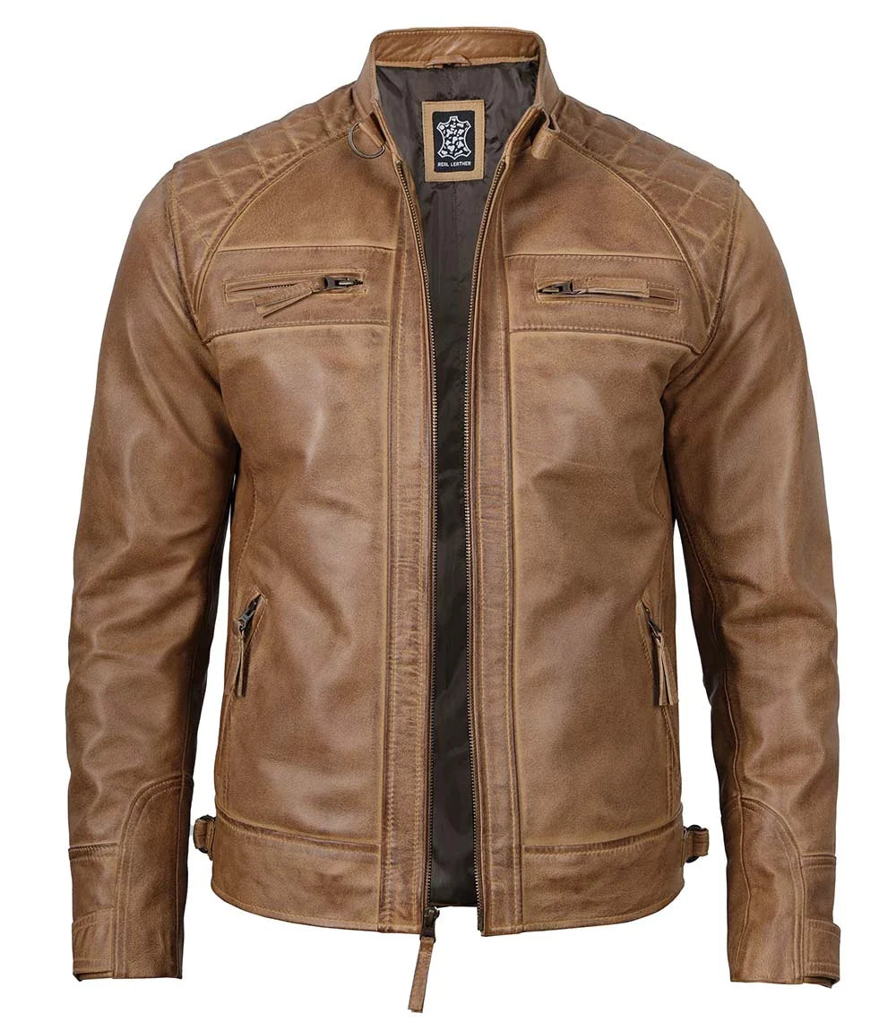Veste en cuir camel pour homme
