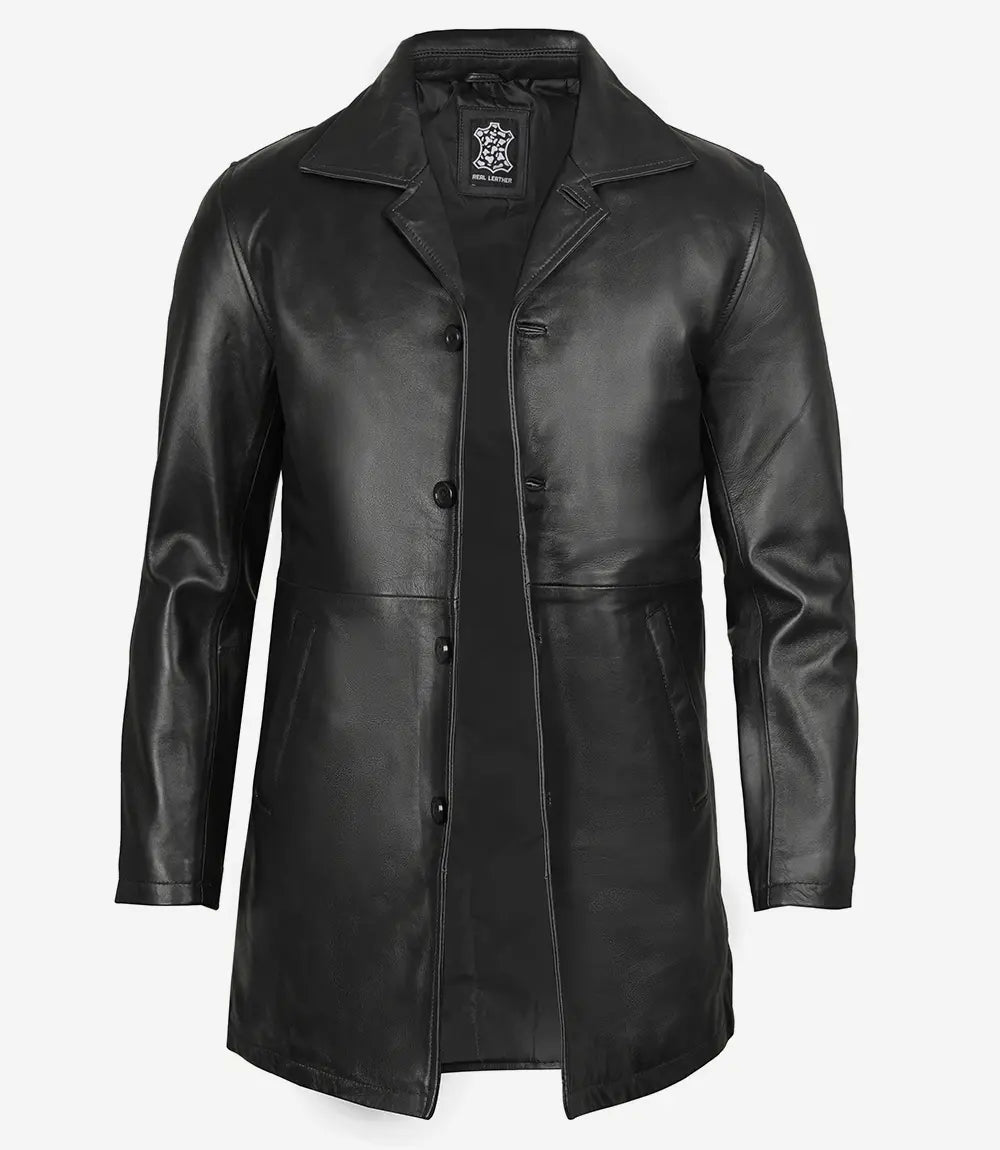 Men's 3/4 Length Black Leather Car Coat 