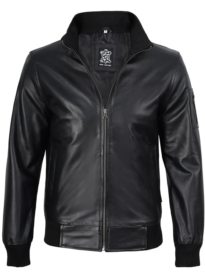 Men's Black Genuine Cowhide Leather Bomber Jacket
